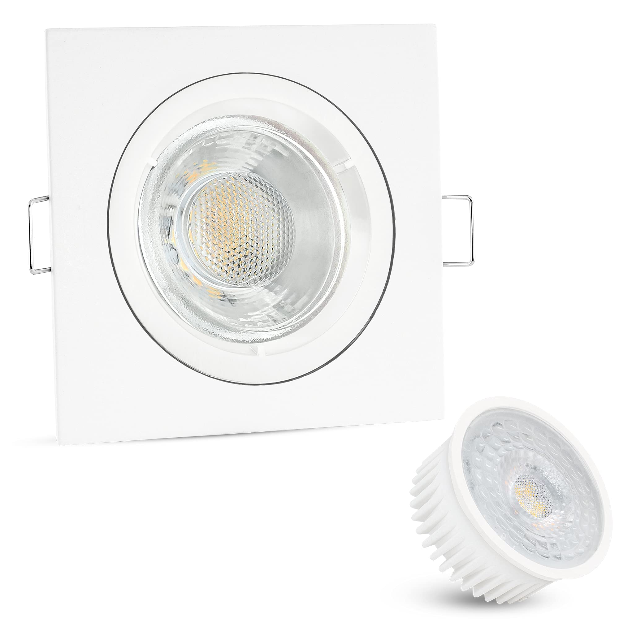 linovum 10er Set LED Einbauleuchten flach (36mm) eckig matt-weiß - Einbaustrahler Set mit LED Modul wechselbar 4W warmweiß