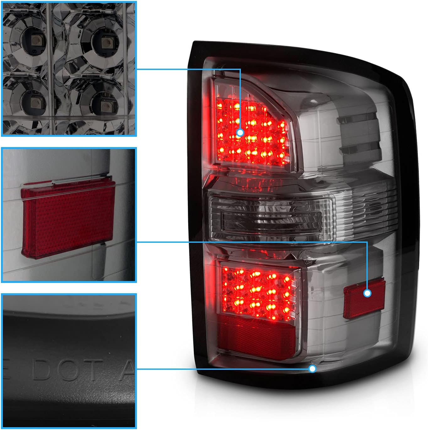 AmeriLite for 2014-2018 GMC Sierra 1500 2500HD 3500HD Smoke LED Replacement Tail Lights Assembly Pair - Driver and Passenger Side