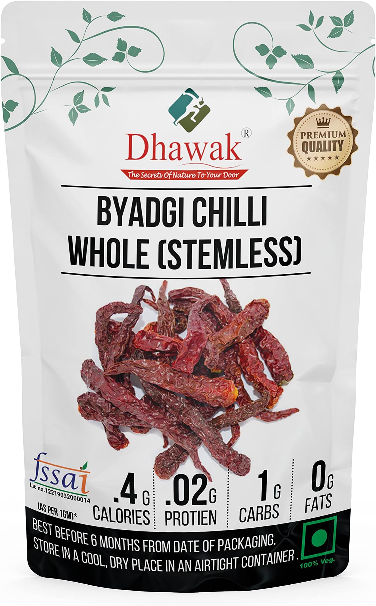 Dhawak Byadgi Chilli Whole (Stemless) - 1.5 Kg. /Sabut lal Mirch/Dried Red Chilli/Red Chilli Whole