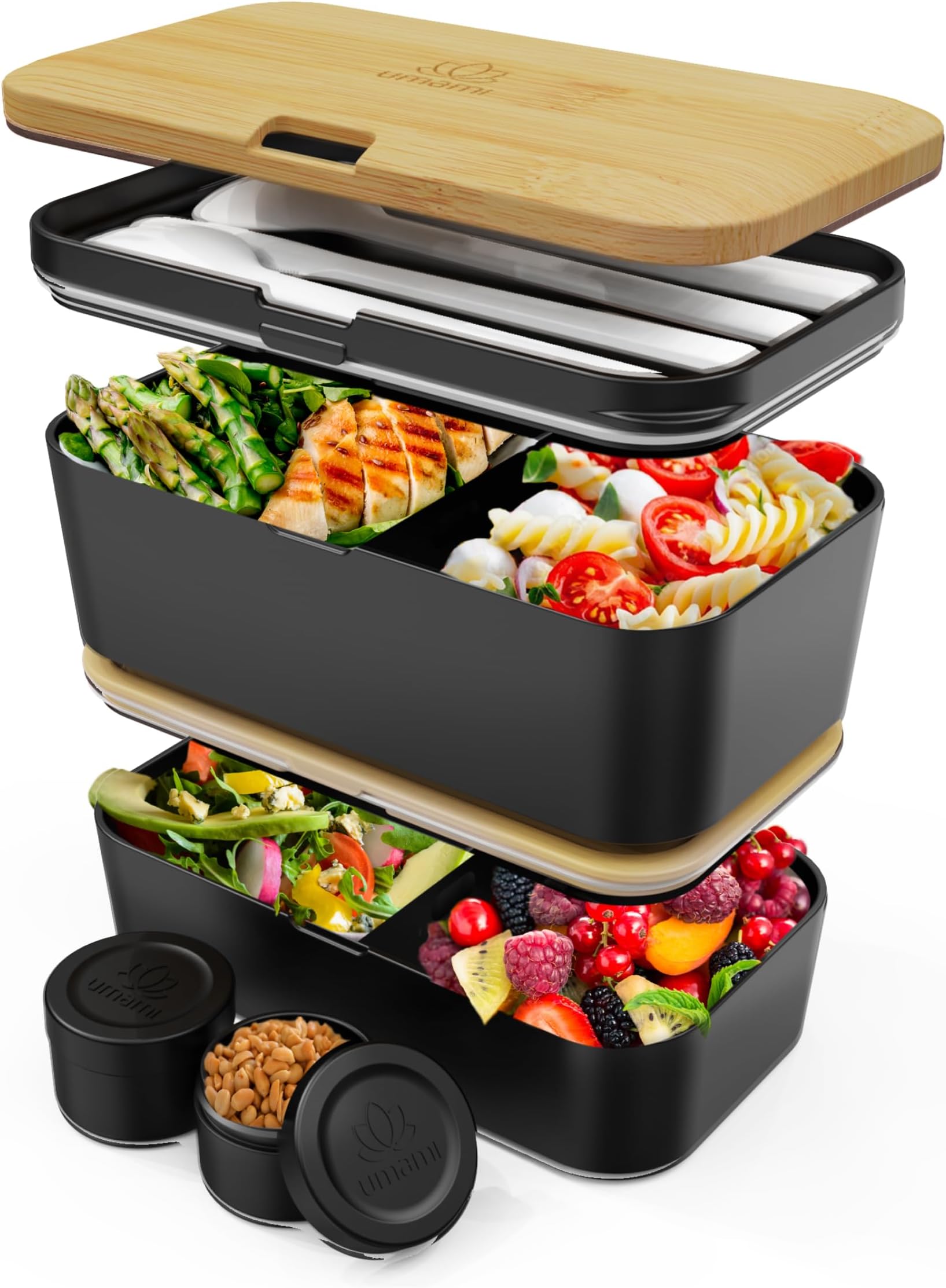 Umami Bento Box Adult All-in-1 w/ 4 Utensils, 100% Leakproof, Dishwasher & Microwave Safe Lunch Containers for Adults w/ 4 Compartments, Black & Tan, 1500 ml