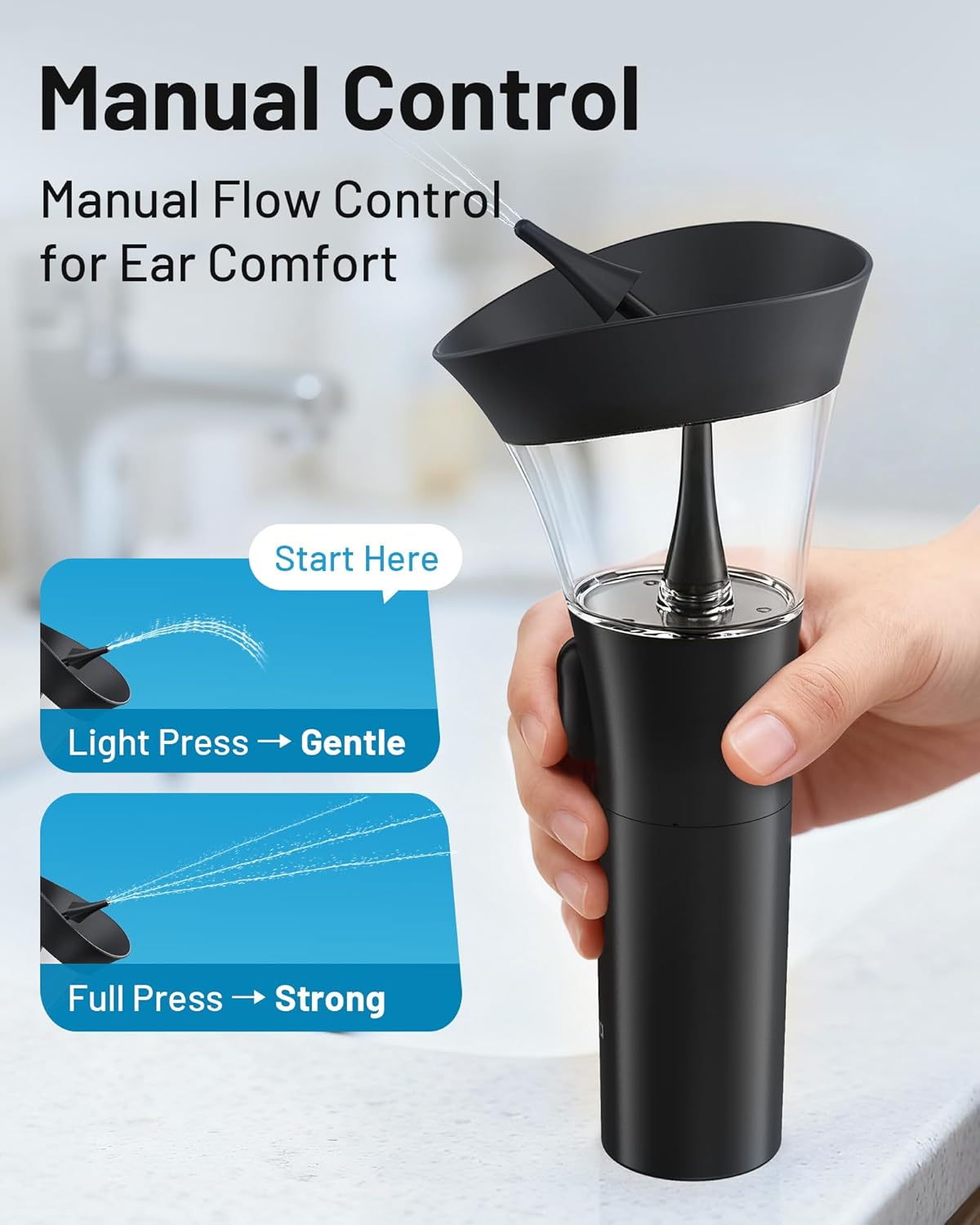 Yumika Ear Wax Removal Kit – Manual Ear Cleaner with Powerful Water Flow for Deep Clean & Soft Silicone Tip, Black