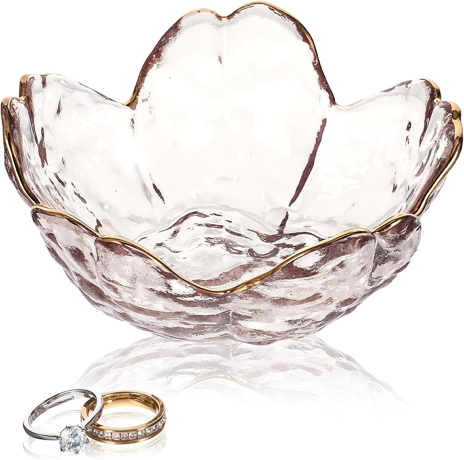 Ouligay Small Cute Jewelry Dish Tray Flower Jewelry Ring Dish Trinket Tray Ring Holder for Women Glass Jewelry Plate Dish with Gilt-Edged Blossom Design Gift for Wife Mom Daughter(Transparent)