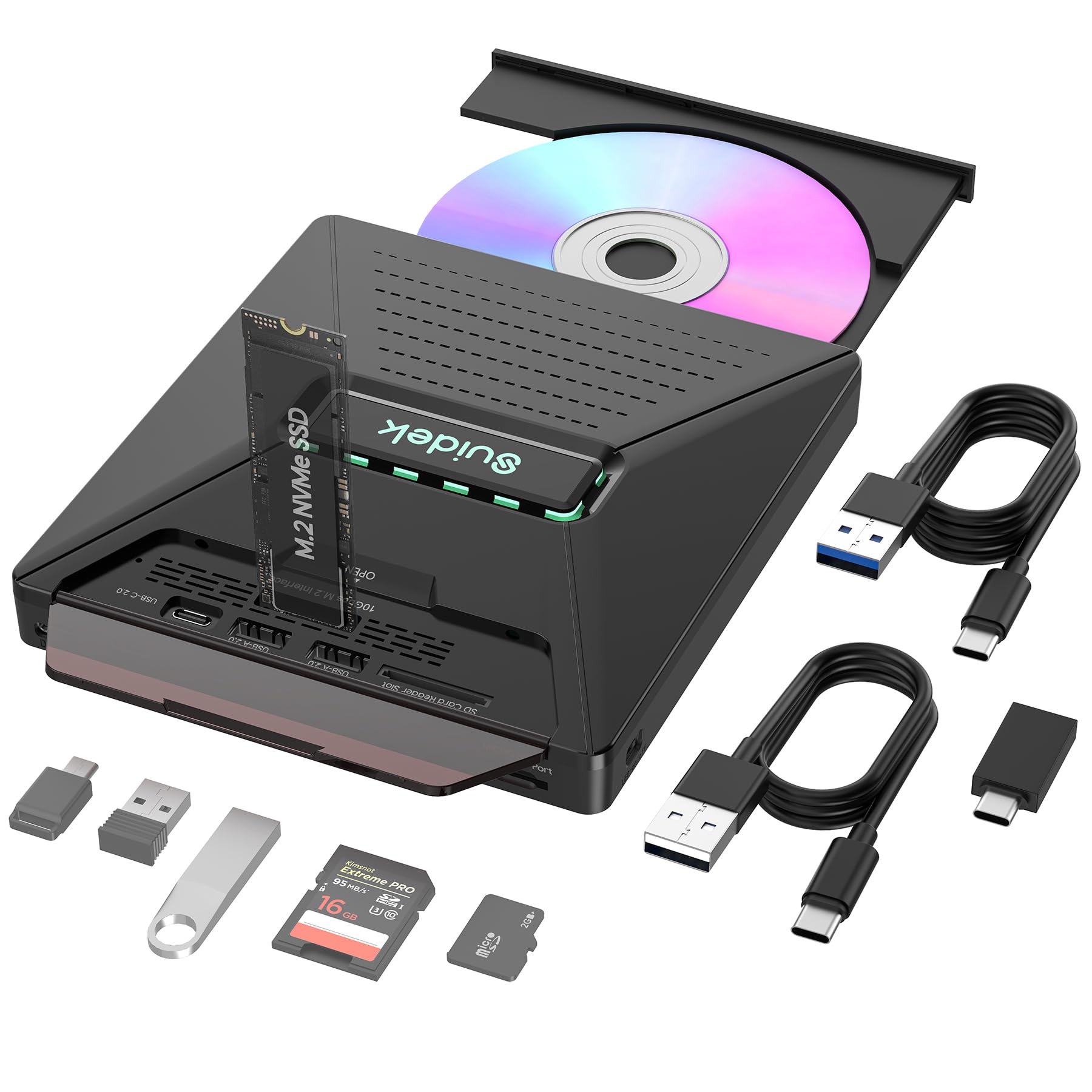 Lecteur CD/DVD externe pour ordinateur portable, Graveur CD/DVD +/-RW 7 en 1 avec interface M.2 NVMe, Fentes pour cartes SD/Micro SD et port USB-A Type-C 2.0, compatible avec PC, Mac, Windows et Linux