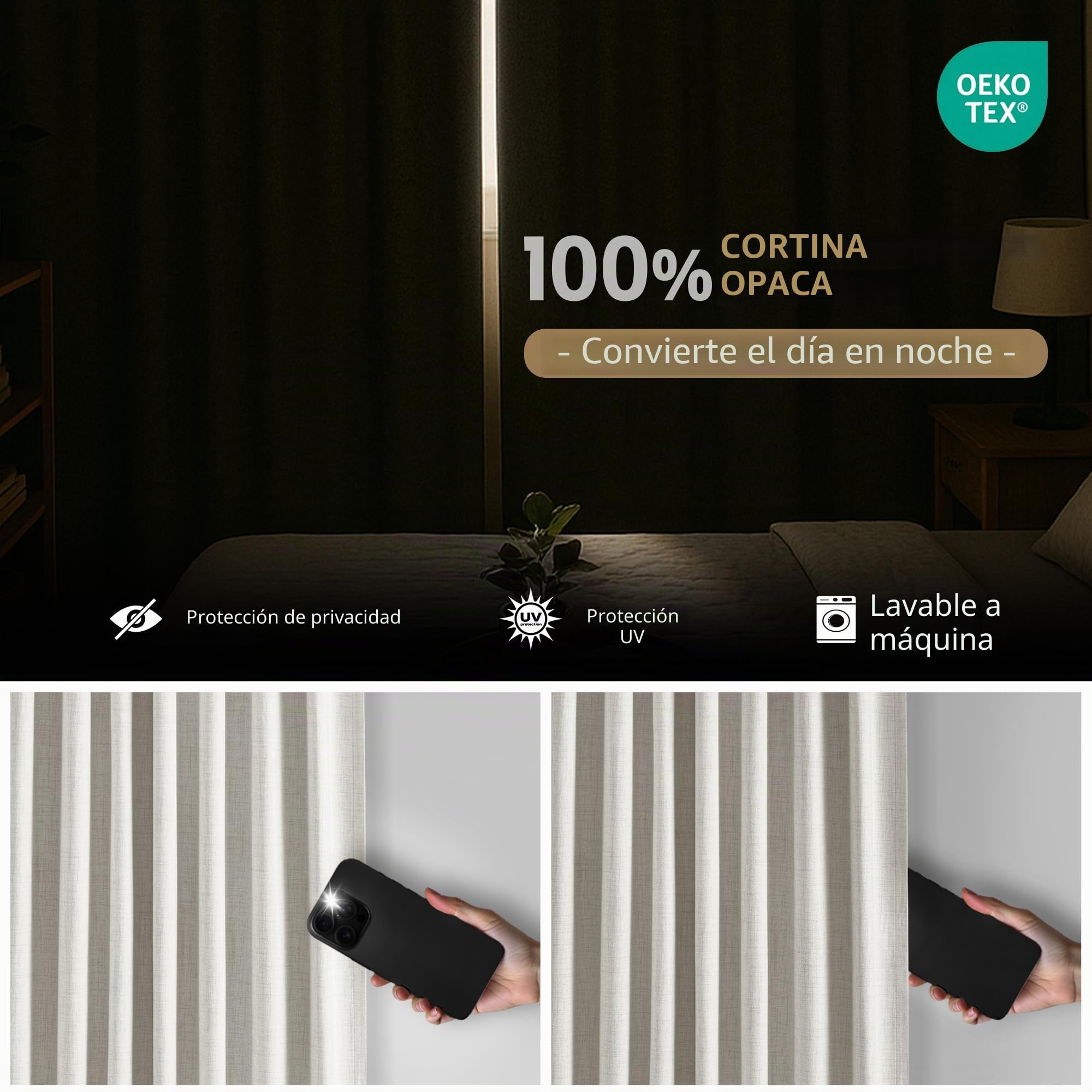 Cortinas 100% Opacas con Trabillas Ocultas, Efecto Lino, Juego de 2 Cortinas Opacas con Pasabarras para Dormitorio o Salón – Alto 245 x Ancho 140 cm, Beige