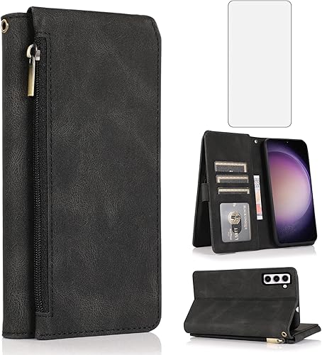 Asuwish Funda tipo cartera compatible con Samsung Galaxy S23 5G, protector de pantalla de vidrio templado, con cremallera, funda de piel retro,