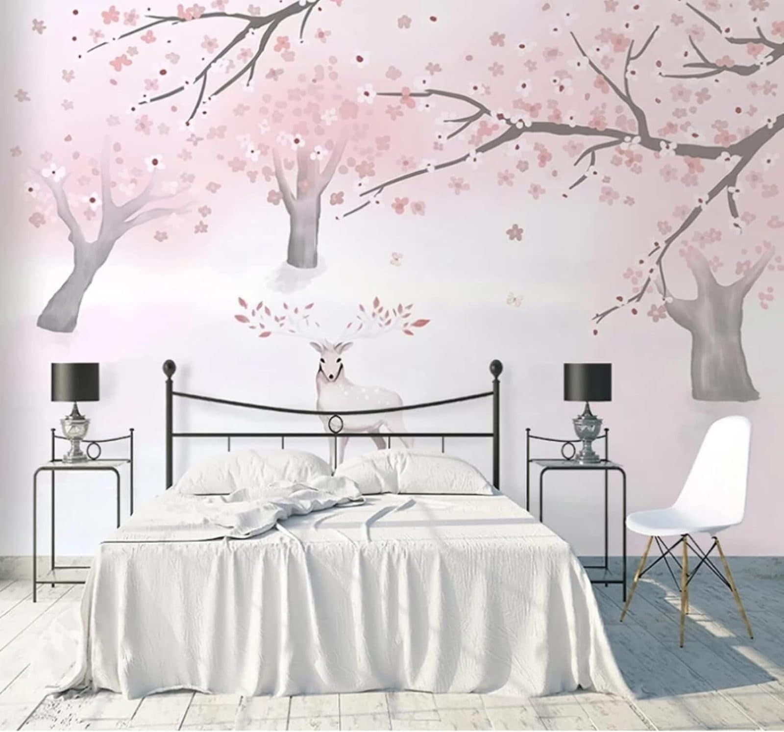 Dreamy Beautiful Pink Cherry Blossoms Reindeer 3D Wallpaper Easy Install Feature Office Living Room Sofa Bedroom TV Background Wall Decoration-400cm×280cm