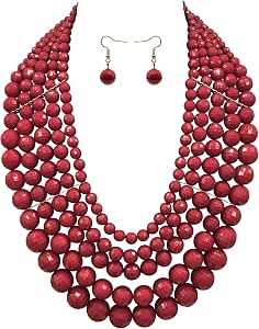 JHWZAIY 5-Layer Beaded Statement Necklace Set - Chunky Multi Strand Bib Necklace With Earrings - View #2