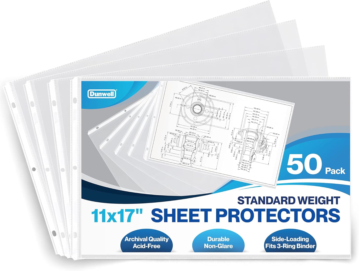 Dunwell 11×17 Sheet Protectors Landscape (Standard Weight, 50 Pack), Ledger Size Plastic