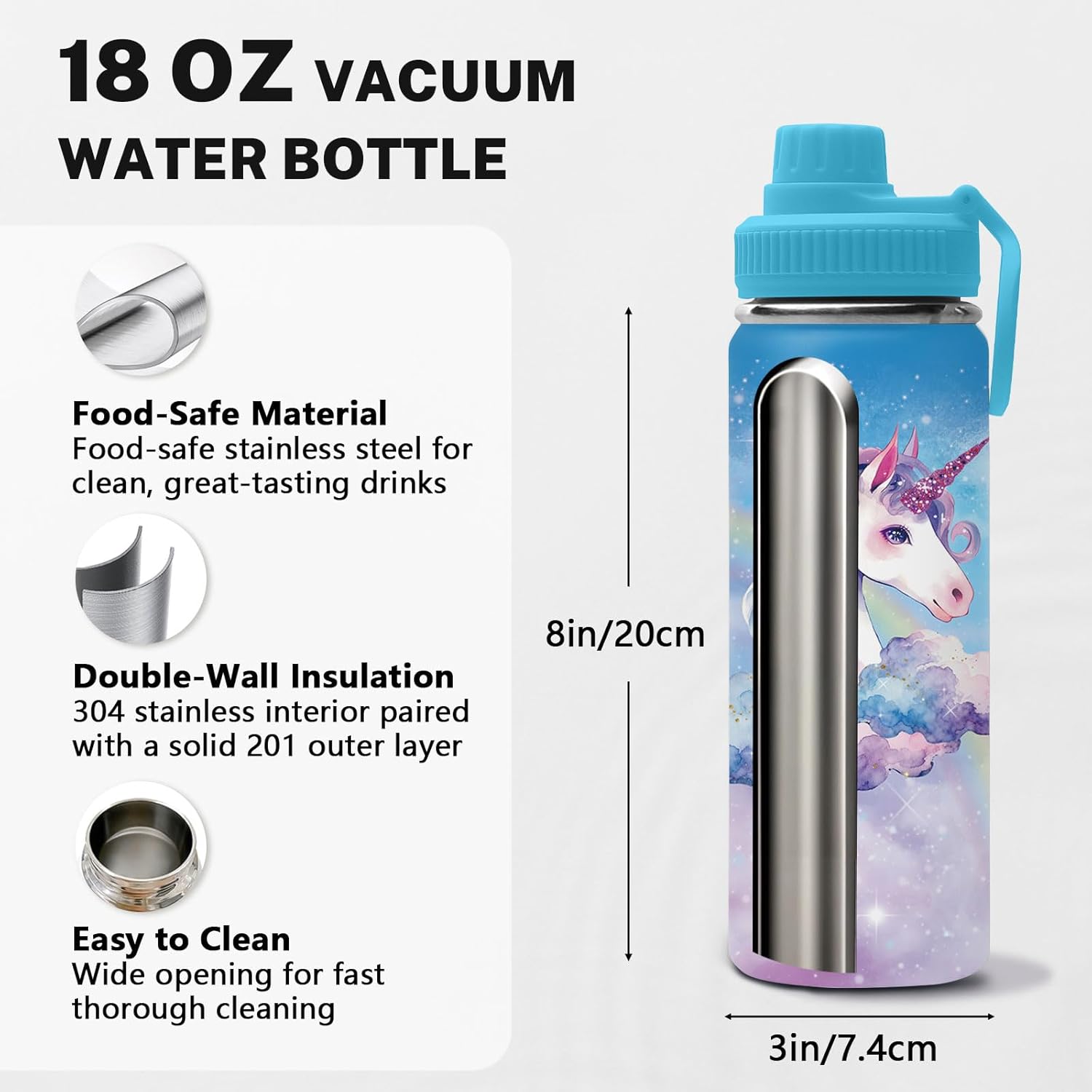 Unicorn Water Bottle for Daughter, Stainless Steel Insulated Tumbler for Home with 2 Lids & Handle, Antislip Silicone Boot, 18oz Reusable Leak-Proof Bottle for Sports, 1 PCS - Image 5