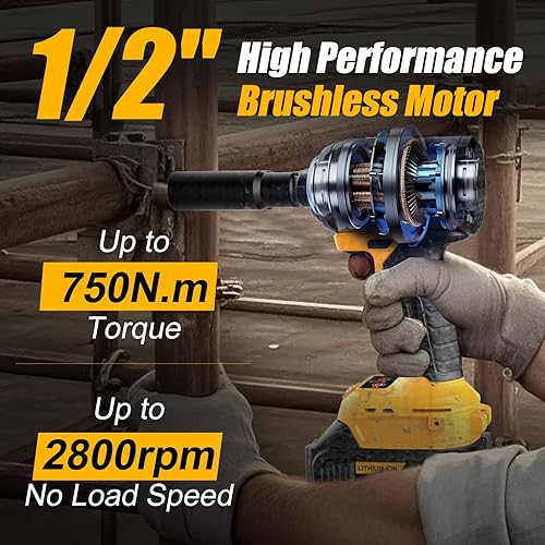 Miniatura 5 de Llave de impacto sin escobillas de 12 pulgada 750N.m (553 pies-libras) Pistola de impacto de alto par de 20 V con batería de 2 x 4.0 AH y cargador