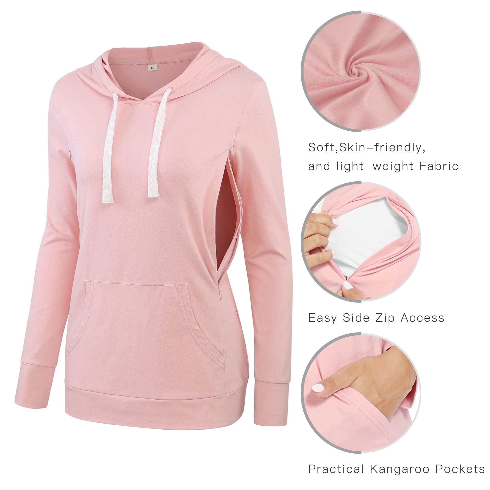 fitglam Damen Umstandsmode Stilltops zum Stillen Seitlicher Reißverschluss Hoodie mit Taschen Lange Ärmel Schwangerschaft Sweatshirt
