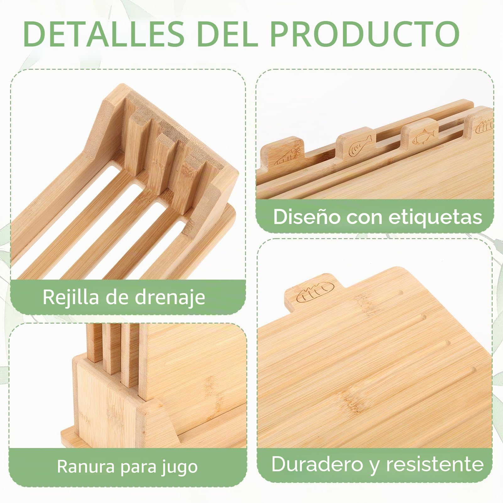 Juego de 4 tablas de cortar de bambú de 32 x 22 cm, juego de tablas de cortar de madera con soporte, juego de tablas de cortar con iconos de alimentos, ranura para jugo, ideal para carne, pescado, pan