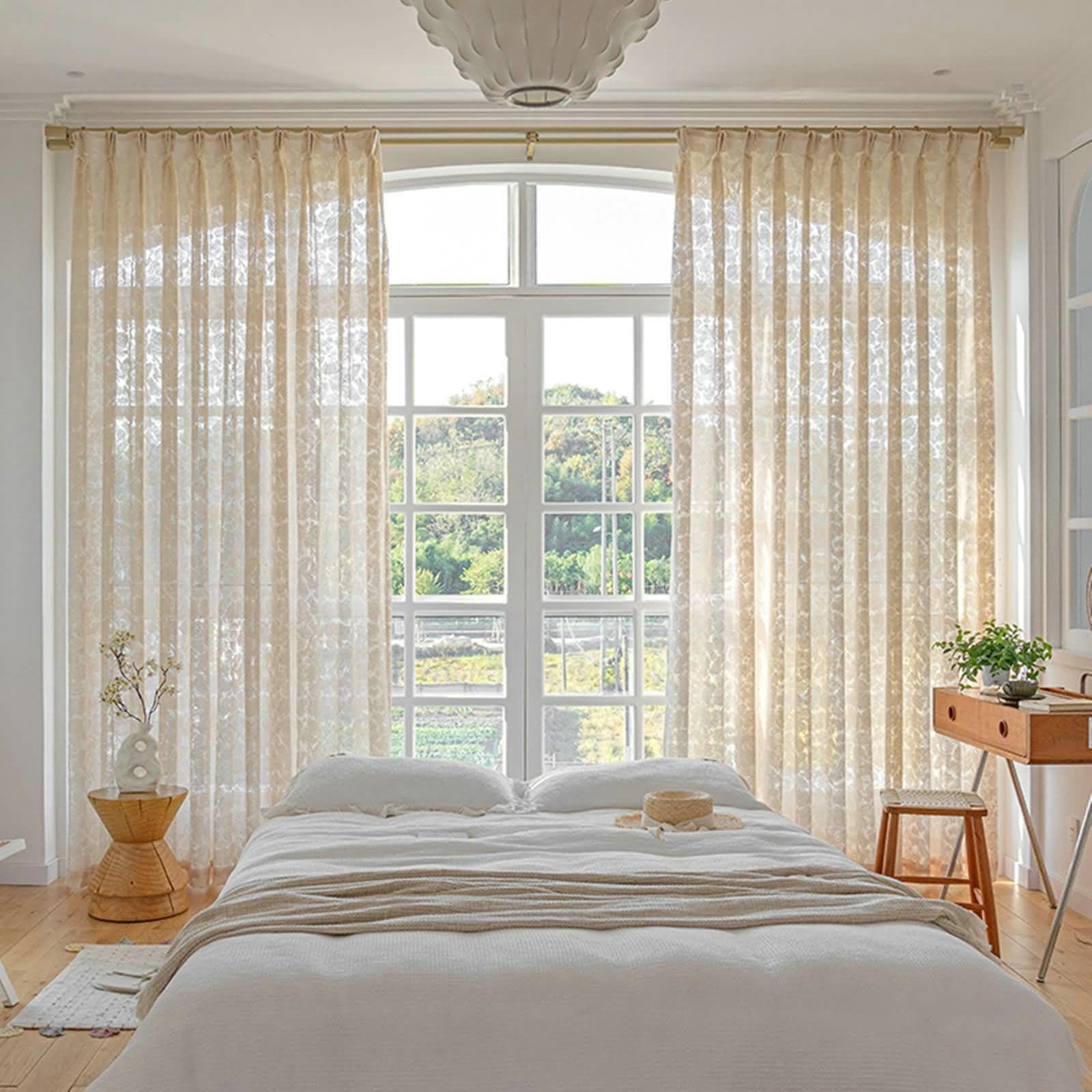 Gardinen Vorhänge 2er Set Polyester, Gardinen Lichtdurchlässig mit Blumenmuster Vorhänge Schlafzimmer H 183 x B 102 cm, Beige