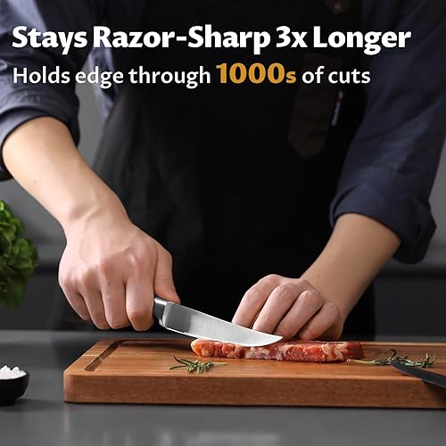 Miniatura 6 de Juego de 8 cuchillos para carne, cuchillos de carne no dentados de 5 pulgadas con bloque de haya, cuchillos de cena de acero inoxidable alemán