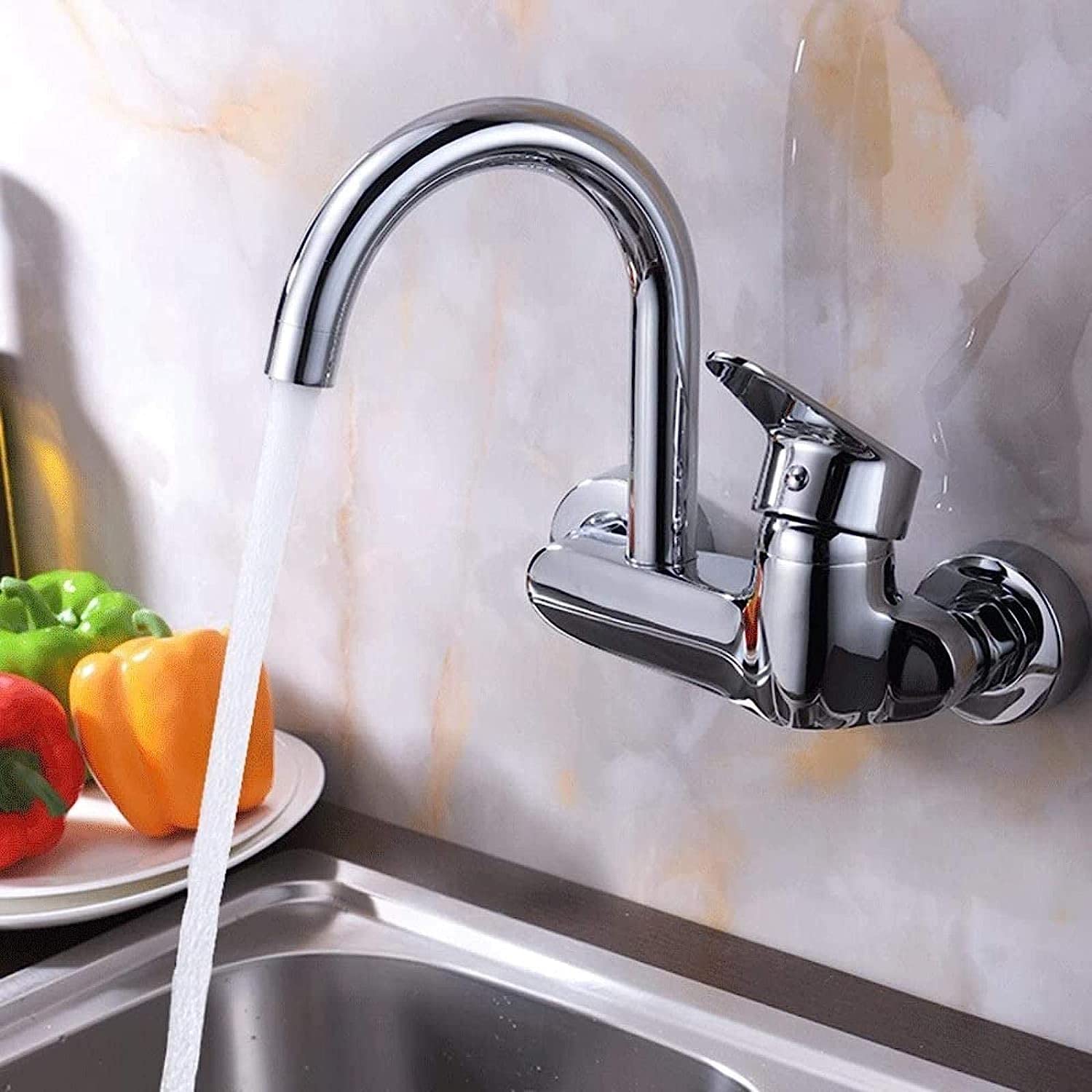 Rubinetti per lavello da Cucina Moderno, rubinetti Caldi e Freddi in Rame Pieno, Rubinetto a Doppio Foro, Maniglia Singola, Rubinetto in Ottone Senza Piombo, lavabo a Parete, Miscelatore Cro