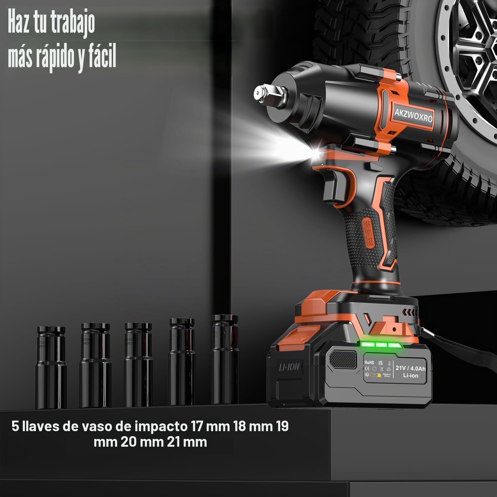 Llave de Impacto a Bateria 1000N.m, 1/2" Llave de Impacto Eléctric Sin Escobillas con Batería 4.0Ah, Impacto 5 Casquillos, Potencia Llave de Impacto Inalámbrica para Casa/Coche