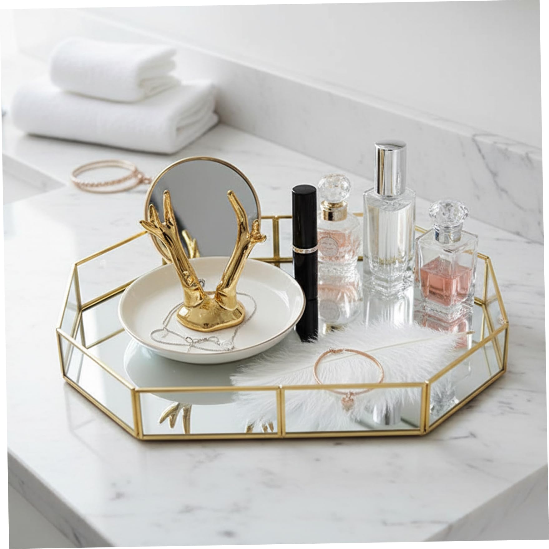 Bandeja geométrica con Espejo, bandejas de Perfume de 12, 4 Pulgadas con Marco Dorado para Almacenamiento de Joyas, Bandeja Decorativa Dorada para baño y Dormitorio.