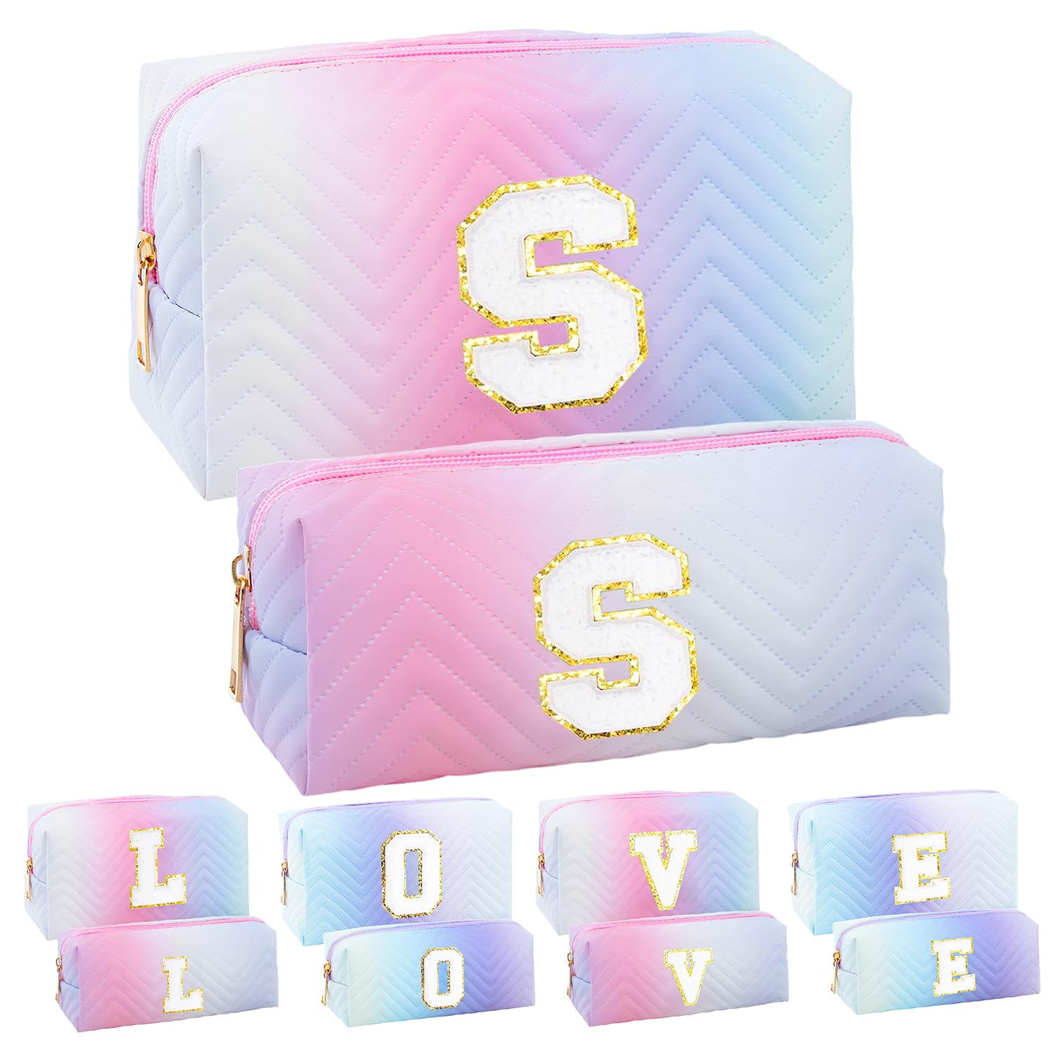 2-Pack Quilted Makeup Bag Set – Cute Cosmetic Pouch for Travel, Toiletries, Purse & Organizer – Large Small Zipper Makeup Bags, Personalized Initial