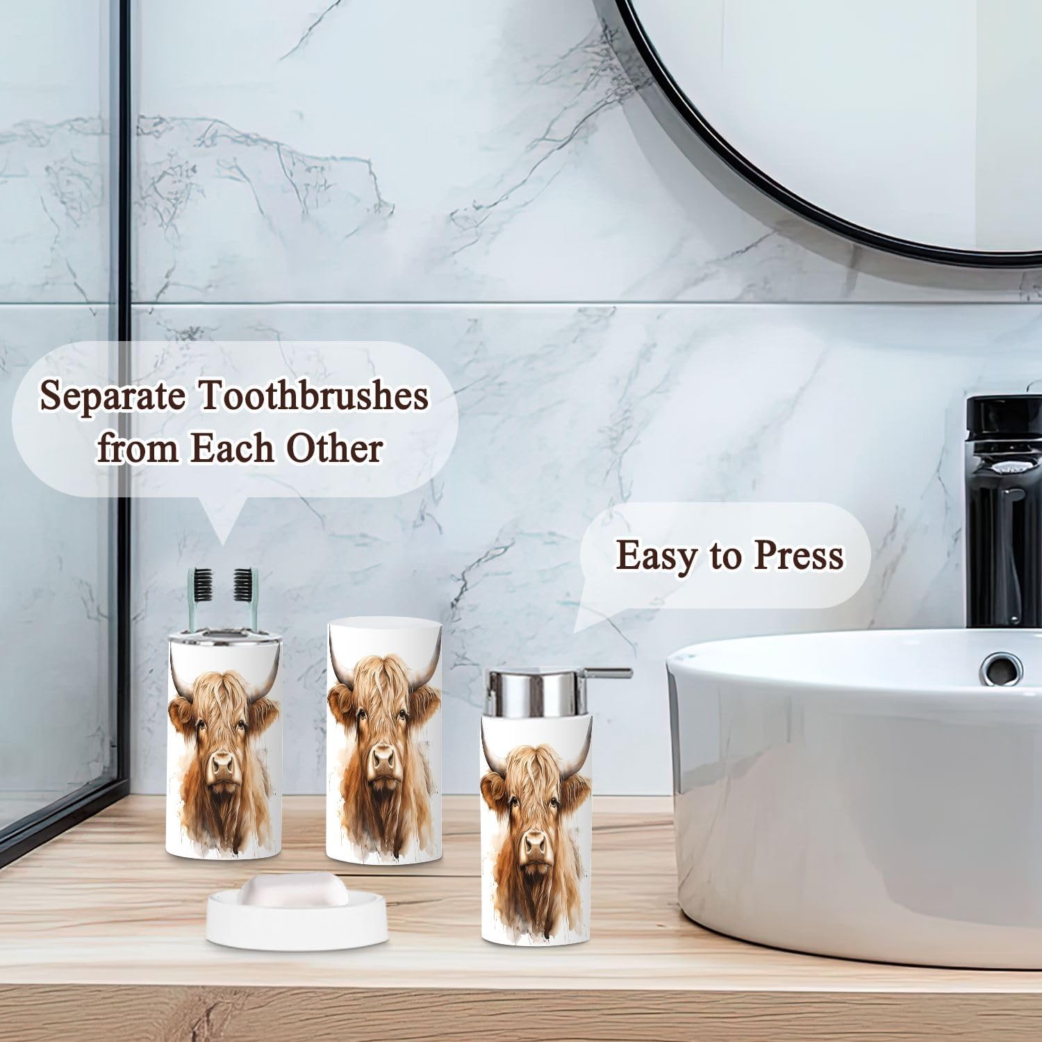 Bathroom Accessories Set 6 Pcs Baby Highland Cow Picnic Basket Sunflowers Watercolor Toothbrush Holder Cup Soap Dispenser Soap Dish Toilet Brush Holder Trash Can for Countertop Decor