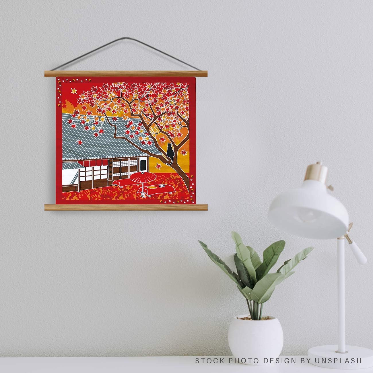 IPPINKA Kakejiku Cloth, Japanese Traditional Tapestry, Wall Hanging, 19.6 x 19.6 inch, Made in Japan, 100% Cotton, Sakura with Cat image 3