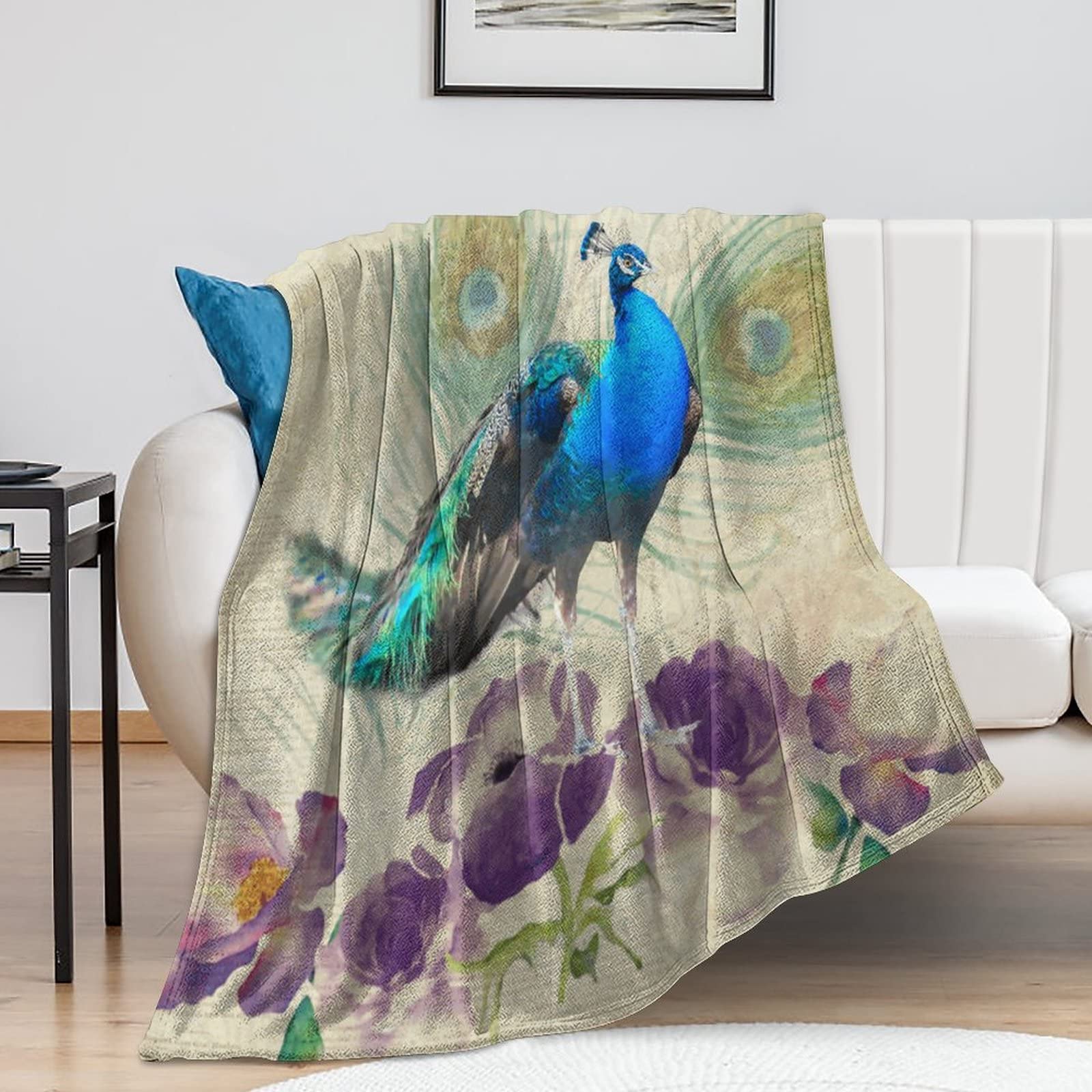Couverture de lit paon peluche réversible 101x127 cm pour canapé