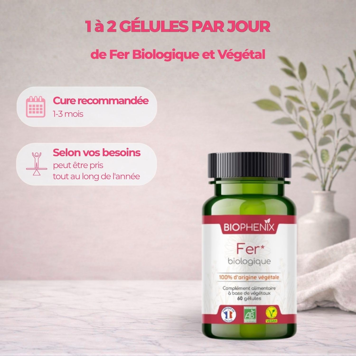 Biophénix Fer BIO 60 Gélules - Complément Alimentaire - 100% Naturel à Base de Végétaux - Contribue à la Réduction de la Fatigue - Fabriqué en France - 1 Gélule/Jours