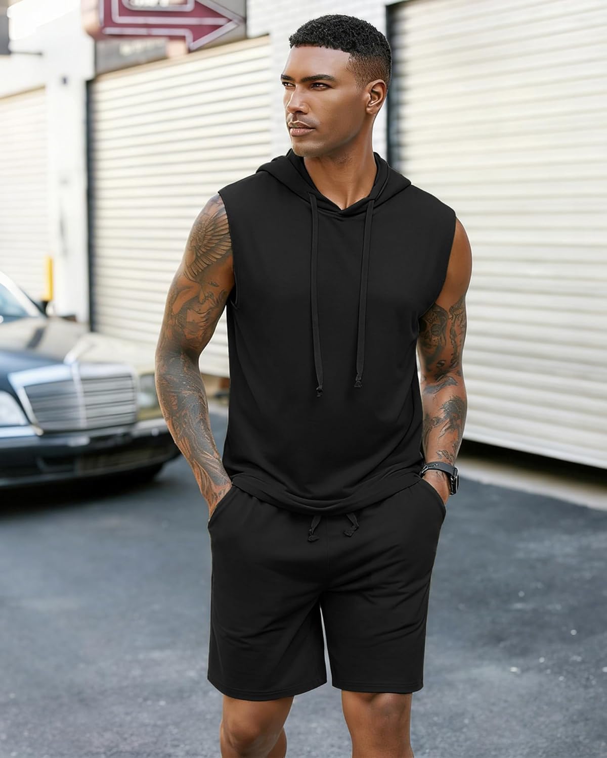 Lexiart Men's Short Sleeve Tracksuit Fashion Summer 2 Piece Outfits Hooded Tank Tops Workout Tracksuit Set