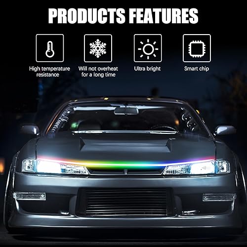 Miniatura 2 de DREAMIZER Tira de luz LED RGB de 94 pulgadas para capó de automóvil, multicolor, tira de luces LED dinámicas para automóvil, impermeable, flexible,