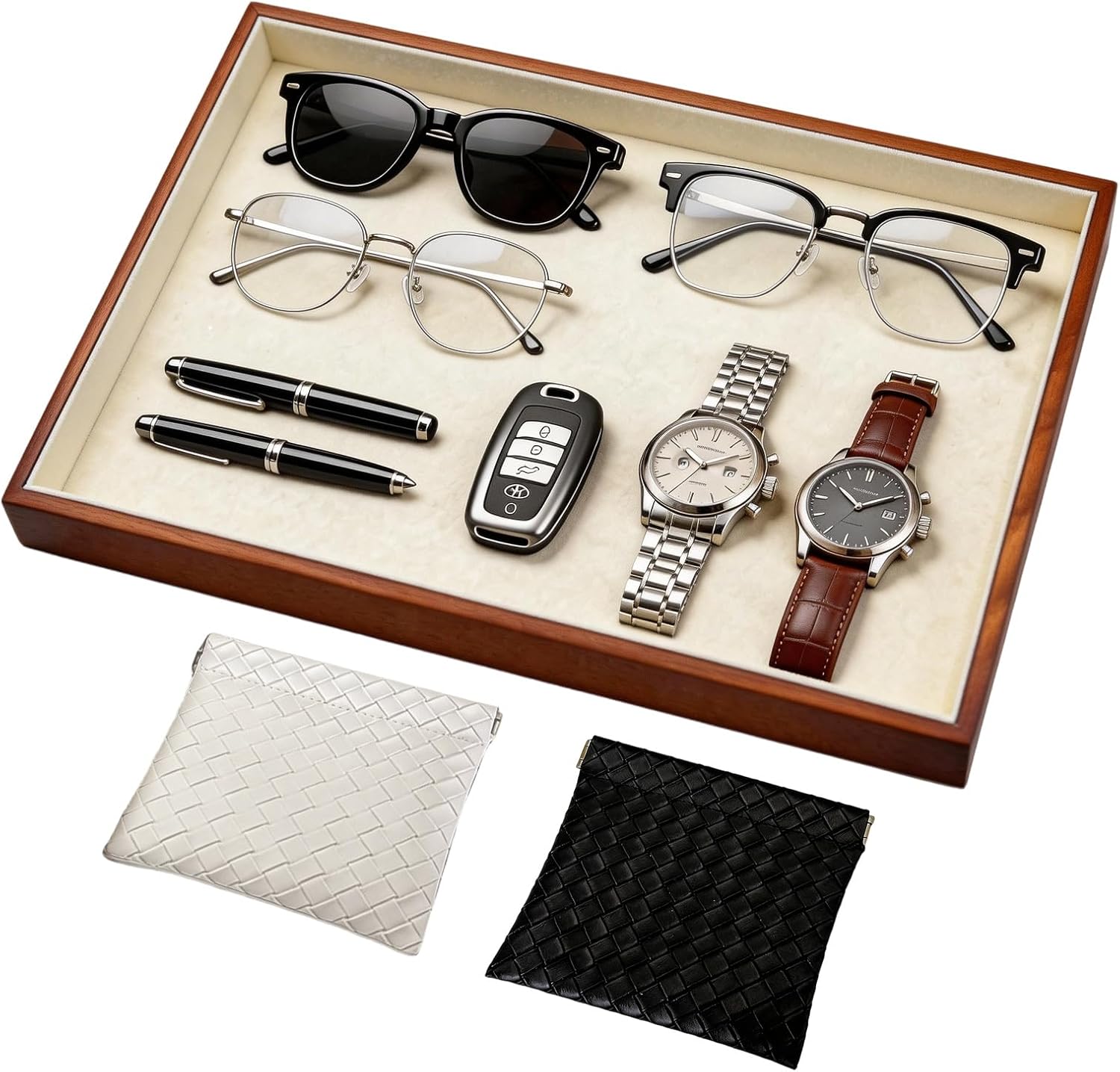 Large Solid Wood Jewelry Watch Tray, Velvet Jewelry Board Display Trays for Key Wallet Ring，Stackable Wooden Jewelry Drawer Organizer Showcase Jewelry Holder(Beige)