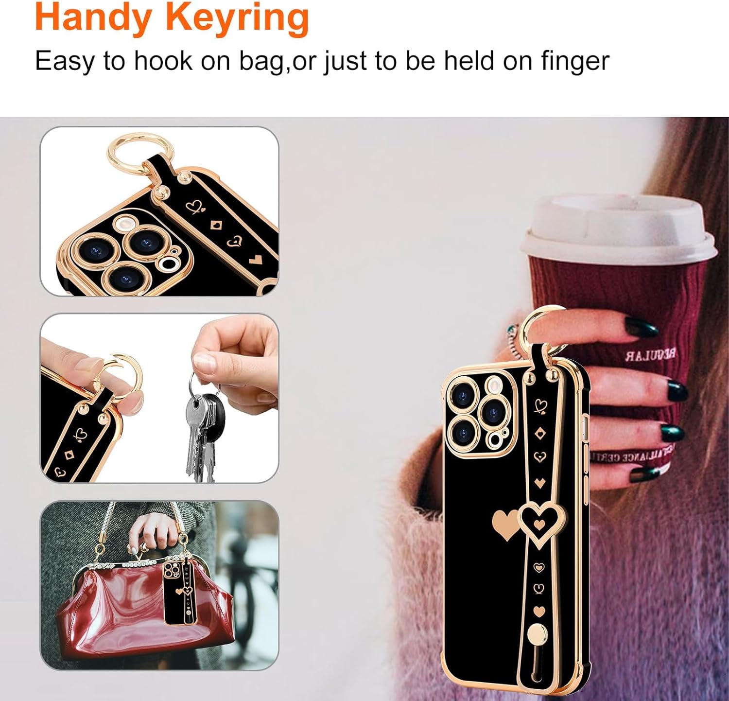 for iPhone 14 Pro Case Cute Love-Heart Plating Strap Phone Cover for Women Girls Bling Soft Silicone Camera Lens Protection Bumper Shockproof Phone Case for iPhone 14 Pro (6.1'')-Black - Image 7