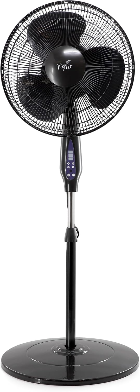 Vie Air 16 Inch 3 Speed Oscillating Stand Fan with 7.5 Hour Timer, 1400 RMS & Remote Control (Black)