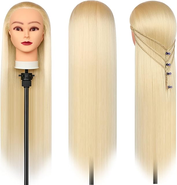Training Head, 28 inch Mannequin Head,100% Synthetic Fibres Hairdressing Head Hairdresser Training Heads with Free Clamp and DIY Braiding Set (Blonde)