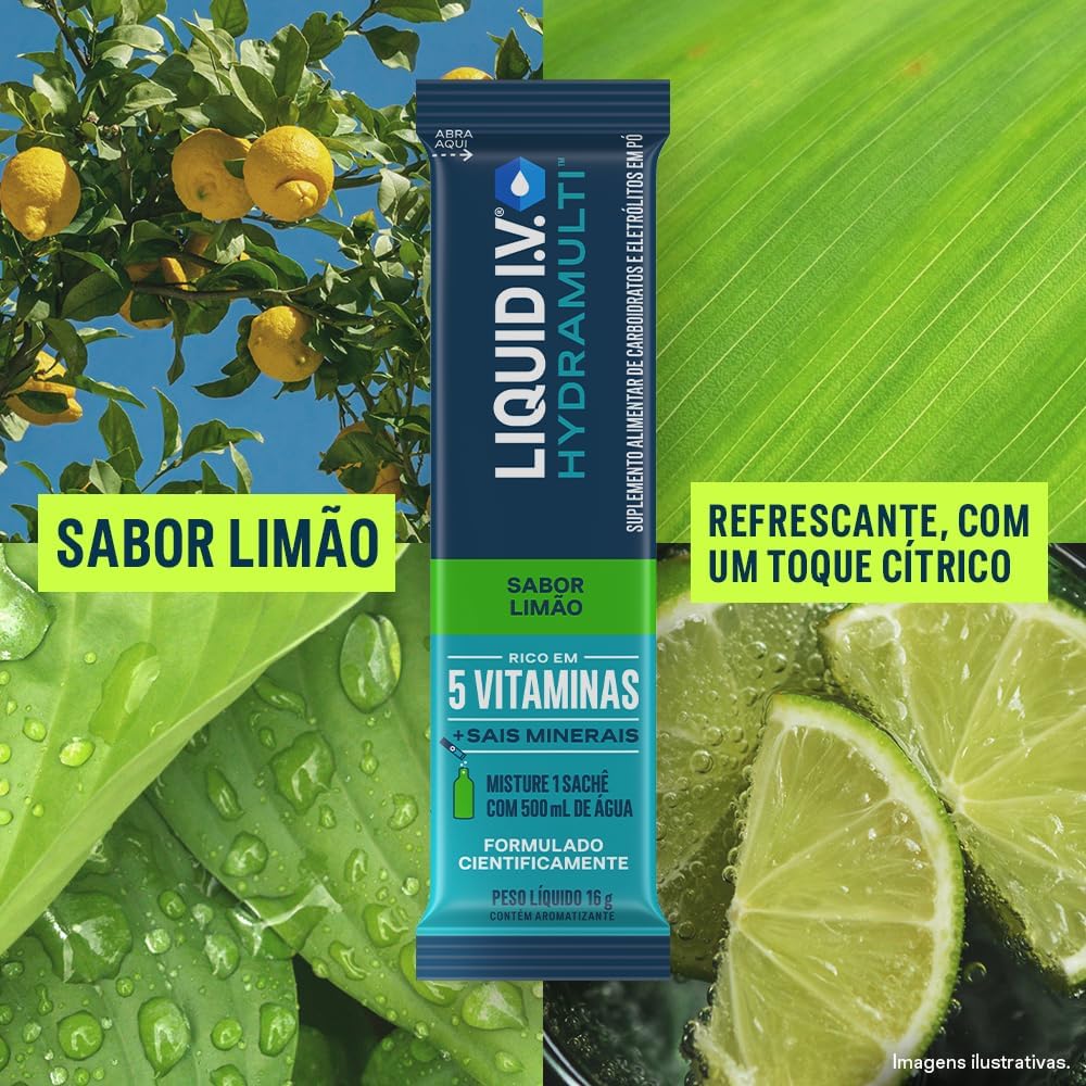 Liquid IV Hydramulti, Mistura de Eletrólitos em Pó Para Hidratação Rápida, 16 Sachês de 16g Cada, Sabor Limão