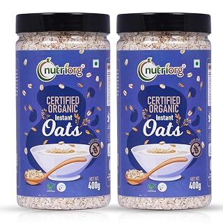 Nutriorg Organic Instant Oats 800g (Pack of 2 x 400 gm) | Gluten-Free Oats for Weight Loss | High Fiber & Protein-Rich Oats | Ideal for Oatmeal, Dalia, and Overnight