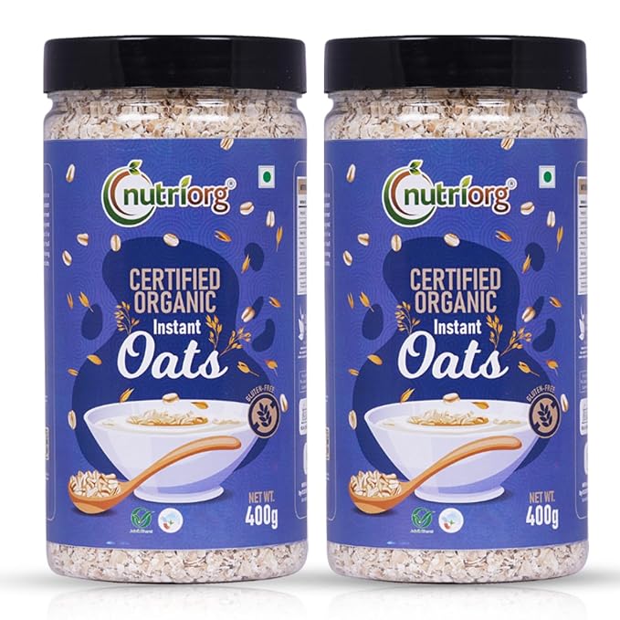 Nutriorg Organic Instant Oats 800g (Pack of 2 x 400 gm) | Gluten-Free Oats for Weight Loss | High Fiber & Protein-Rich Oats | Ideal for Oatmeal, Dalia, and Overnight
