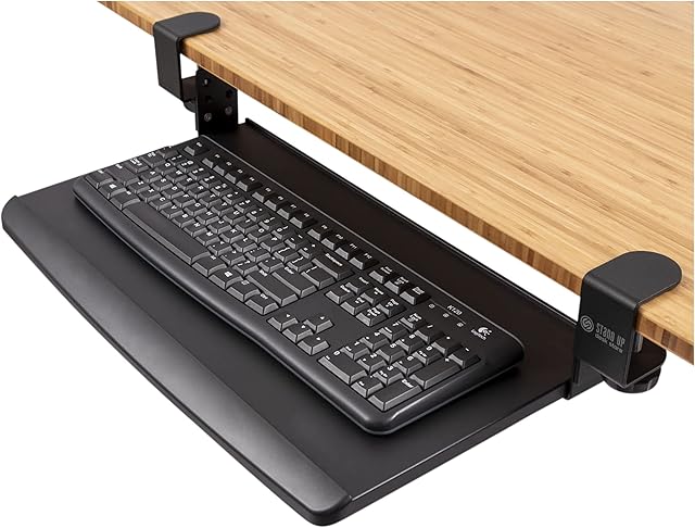 Stand Up Desk Store Compact Clamp-On Retractable Adjustable Keyboard Tray/Under Desk Keyboard Tray | Increase Comfort and Usable Desk Space | for Desks Up to 1.5" (20 x 11.5) (Black) (Small)