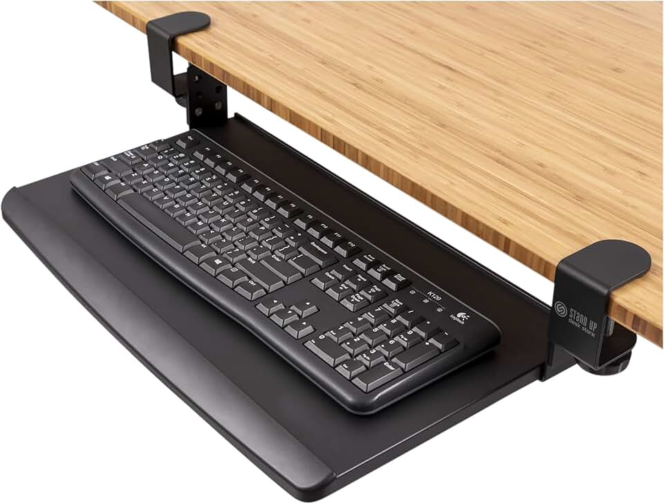Stand Up Desk Store Compact Clamp-On Retractable Adjustable Height Under Desk Keyboard Tray | for Desks Up to 1.5" (Small, 24.5" Wide)