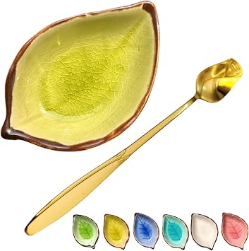 Coffee Spoon and Rest for Coffee Bar Accessories, Small Spoon Rest for Coffee Bar & Station, Tea Spoon Rest & Holder for Teaspoon Rest, 1 PC Crackle Glaze Green Yellow Leaf with Gold Rose Spoon