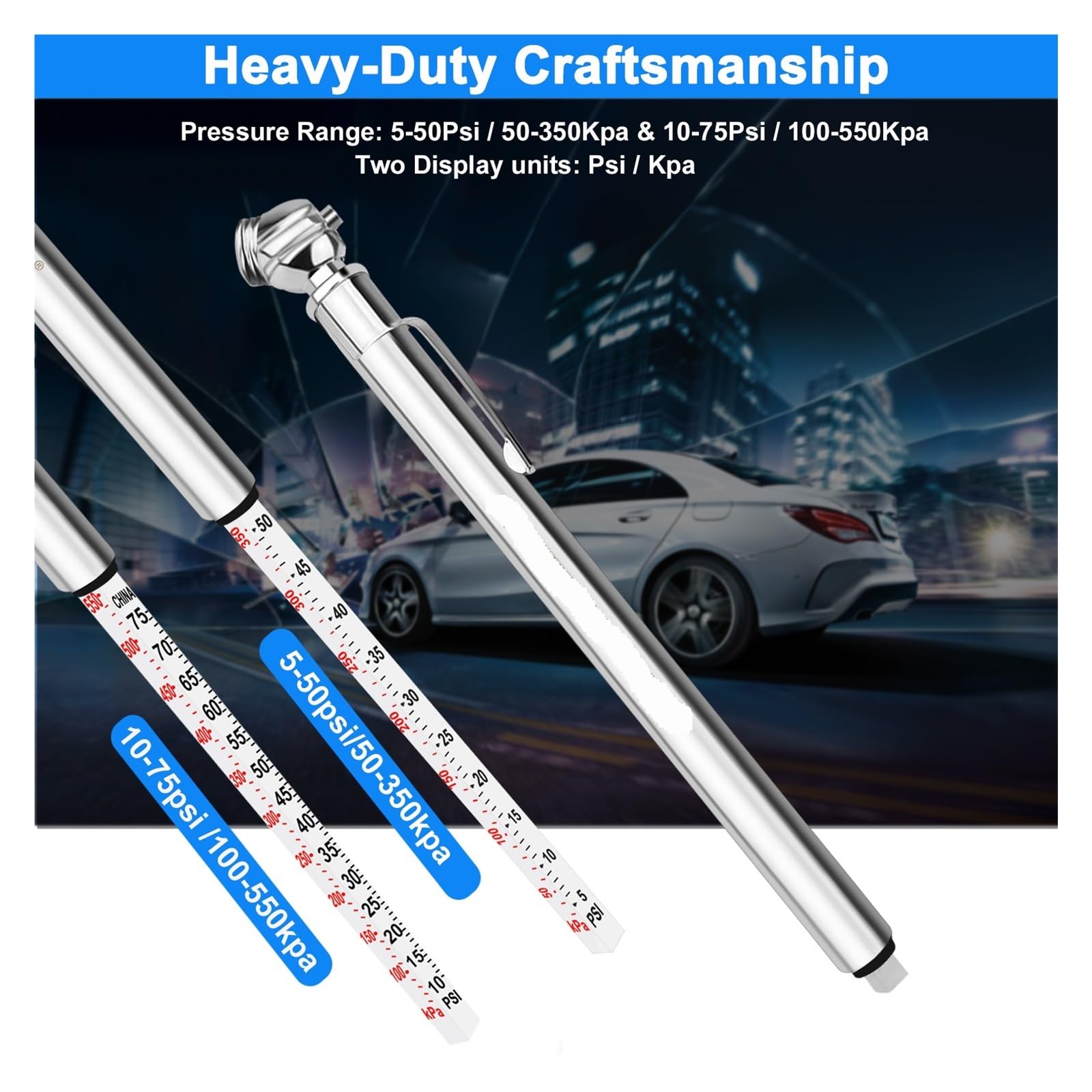 Manomètre De Pression De Pneu Crayon 5-50PSI Et 10-75PSI, Buse En Alliage De Zinc Scellée Adaptée Aux Vélos, Voitures Et Camions Facile à Utiliser