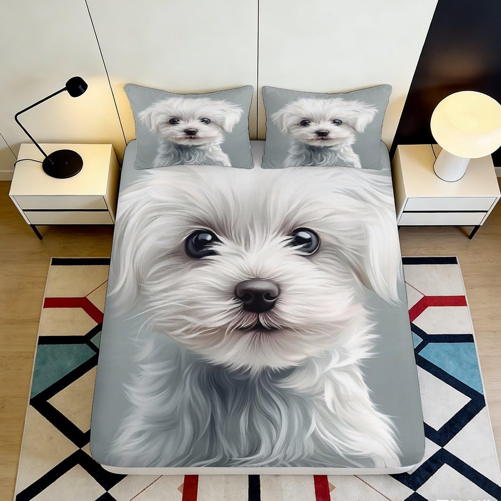 3D Printed White Puppy Fitted Sheet Microfiber Soft Anti-Slip Dog Face Bed Cover for Bedroom Dorm Easy Care 90x200x25cm