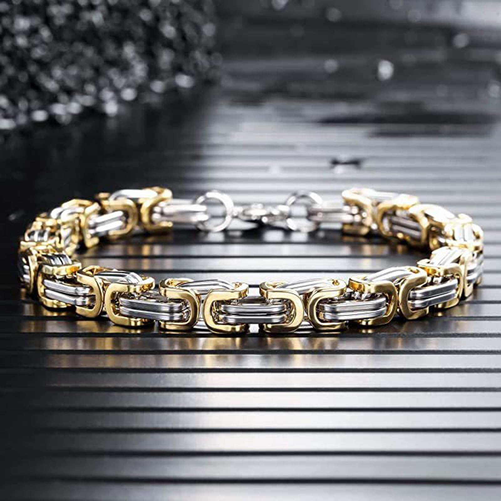 Ensemble collier et bracelet pour homme, collier en acier inoxydable, largeur de la chaîne : 6 mm, fait à la main, couleurs or et acier, Acier inoxydable, Pas de gemme