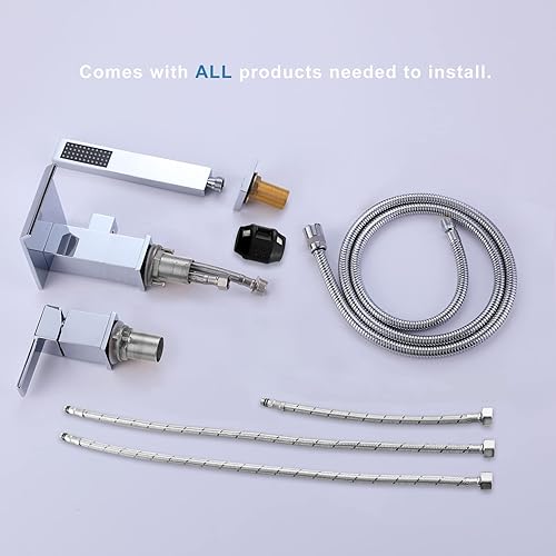 Vista 22 de Grifo de bañera romana en cascada con ducha de mano, grifo de bañera negro mate, 3 agujeros, relleno de bañera generalizado, montaje en cubierta