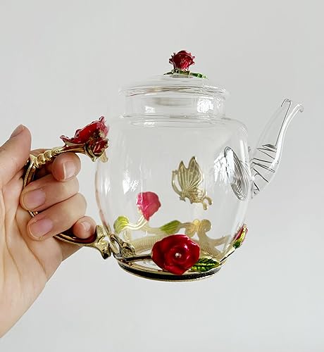 Miniatura 8 de Tetera creativa de cristal de flores para té de Kung Fu, buen regalo para hermana, mamá, abuela, profesores (rosa roja)