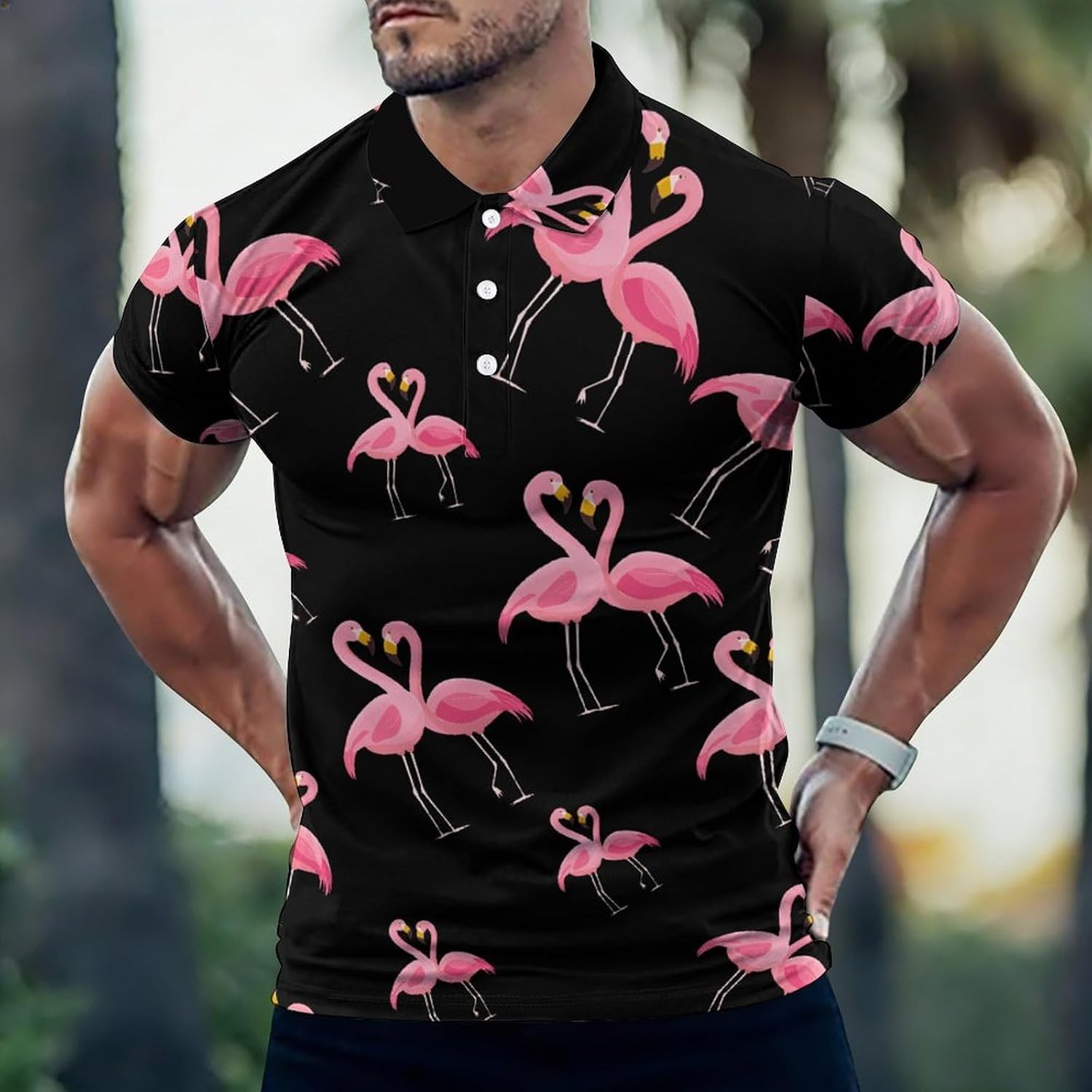 Flamingos Heart Golf Polo Shirts for Men Casual T Shirts 5X-Large