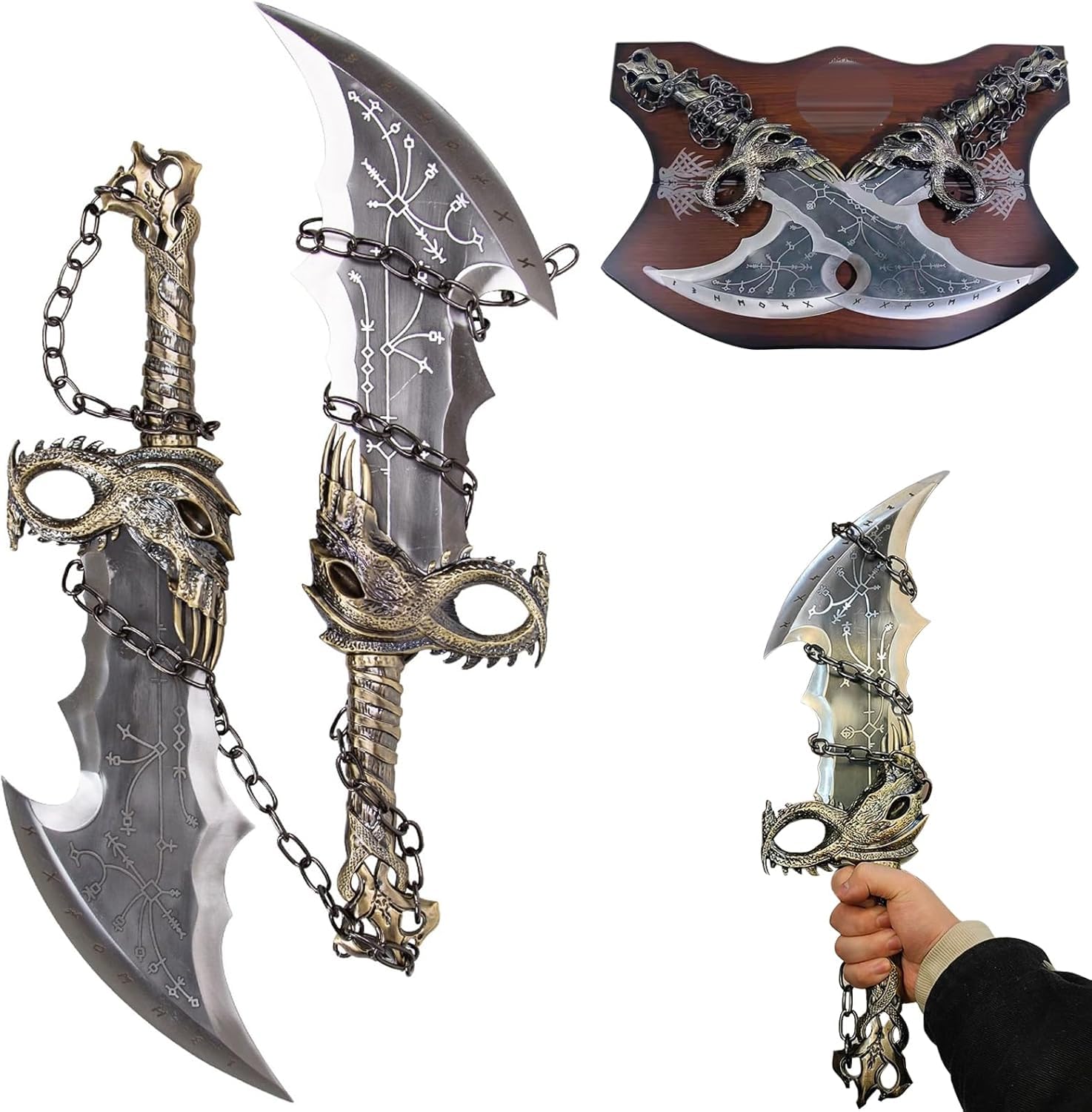 Generico Kratos Chaos Blade of GOW, metal, A Set of Two Bades of Chaos with Display Plaque, Kratos Metal Chainsword, 1:1 Replika Rekwizytów wojennych na wyświetlacz i prezent