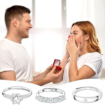 3Pcs Sterling Silver Ring Set, Silver Ring for Women 925, Rings, Stackable Silver Rings for Women, Hypoallergenic, Adjustable with 1 Carat Diamond, Womens Ring Sterling Silver for Birthday Christmas