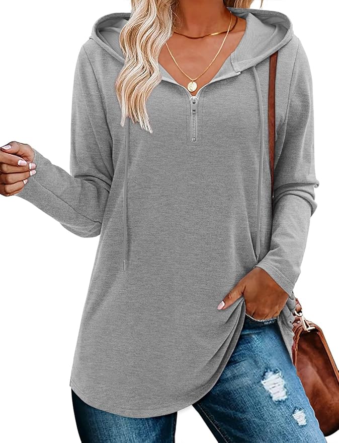BETTE BOUTIK Womens Quarter Zip Tunic Hoodies Pullover Long Hooded Sweatshirts S-3XL