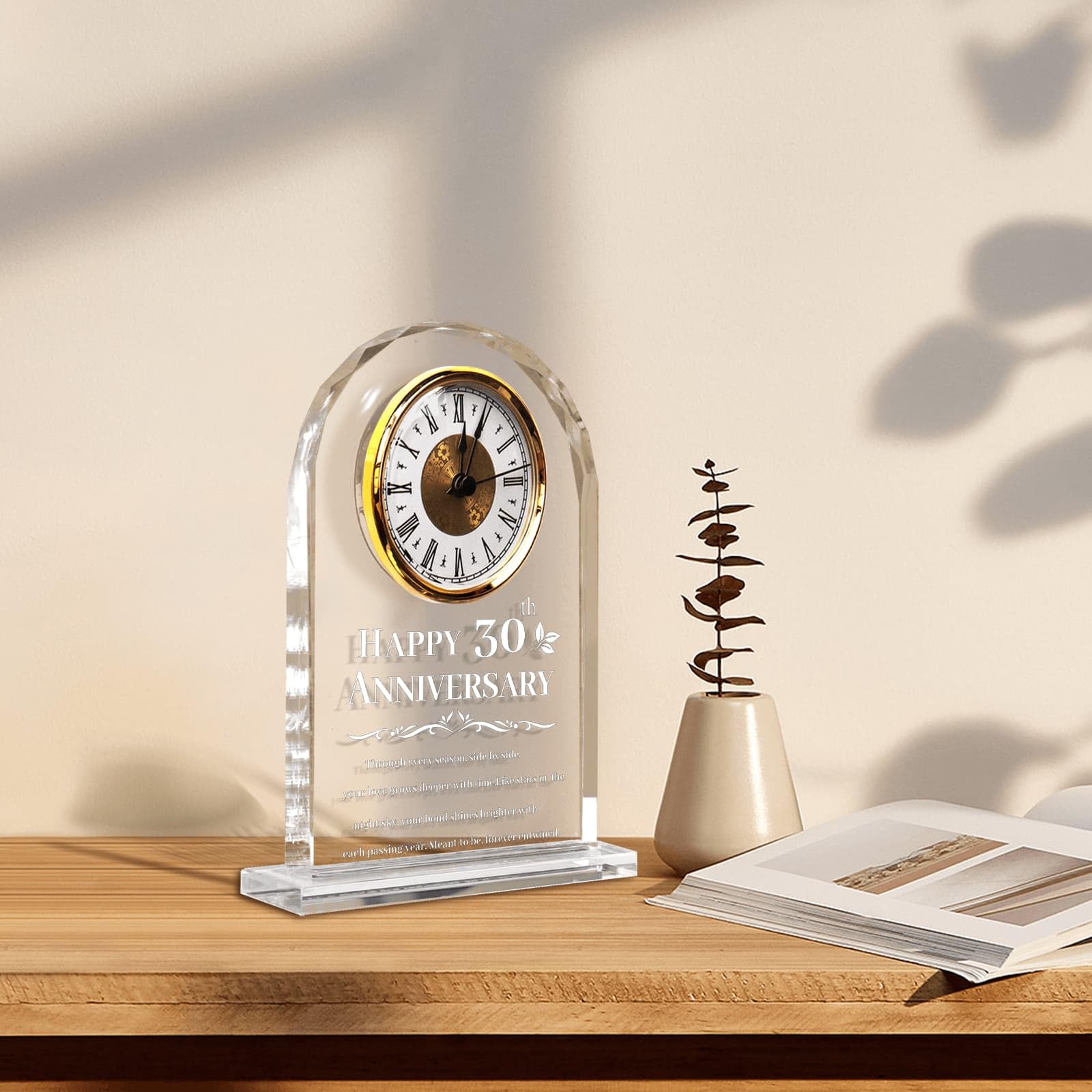 30th for Couples - Reloj de cristal dorado para boda con mensaje grabado sincero, elegante decoración de mesa para marido, esposa, padres