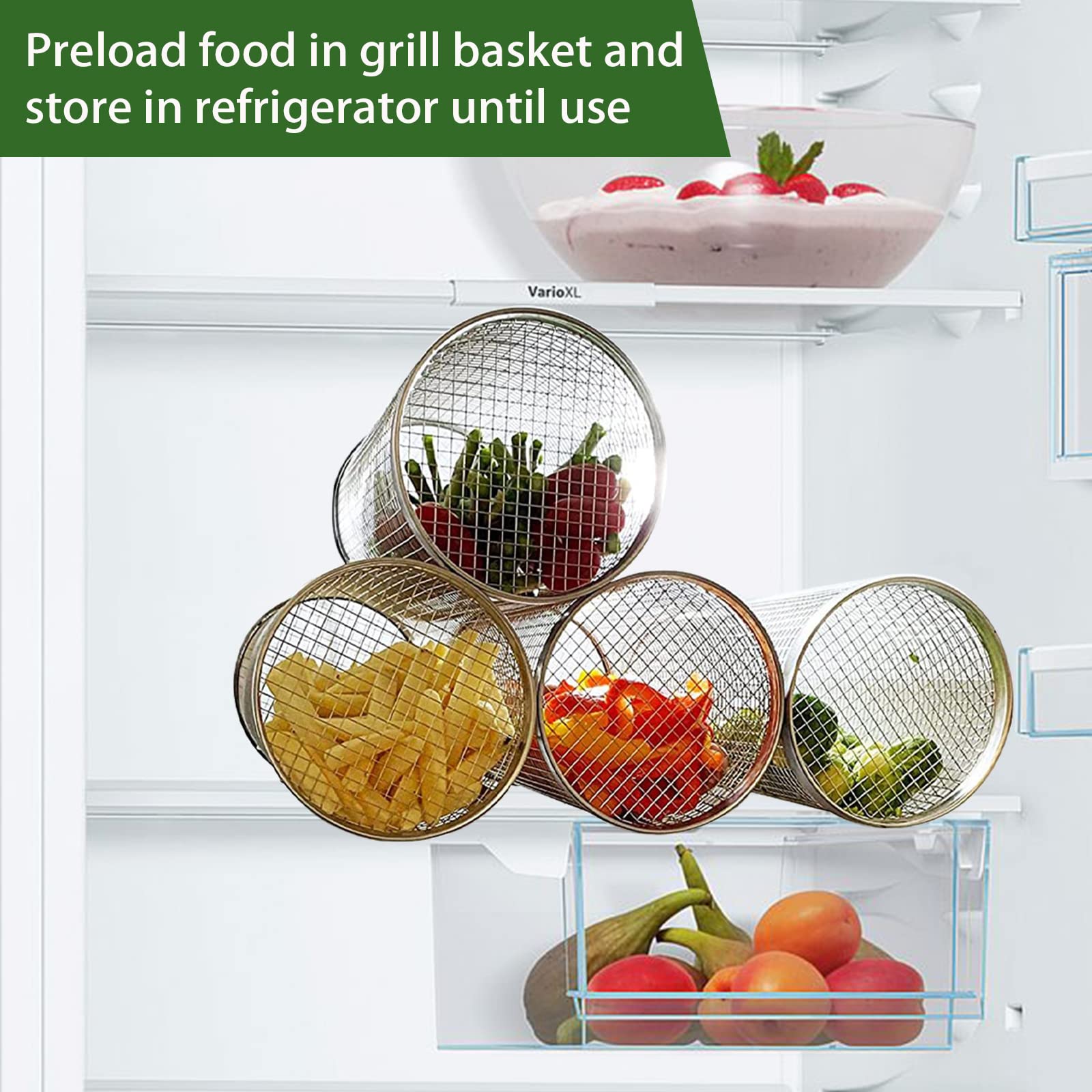 Lot De 2 Paniers à Barbecue Cylindriques - Acier Inoxydable Avec Poignée Bois - Pour Légumes, Viande, Poisson