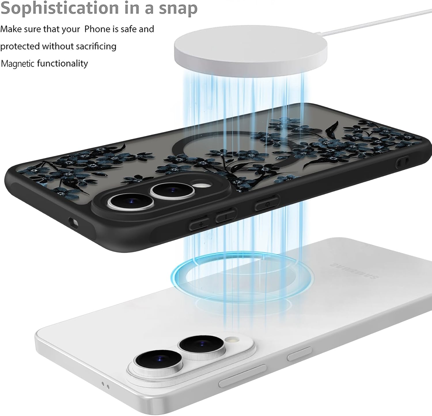 Fiyart Designed for Samsung Galaxy S25 Edge Case Matte Flowers Design Compatible with MagSafe Wireless Charging,Cute Floral Anti-Scratch Translucent Phone Cover for Women Girls 6.7"-Black - Image 3